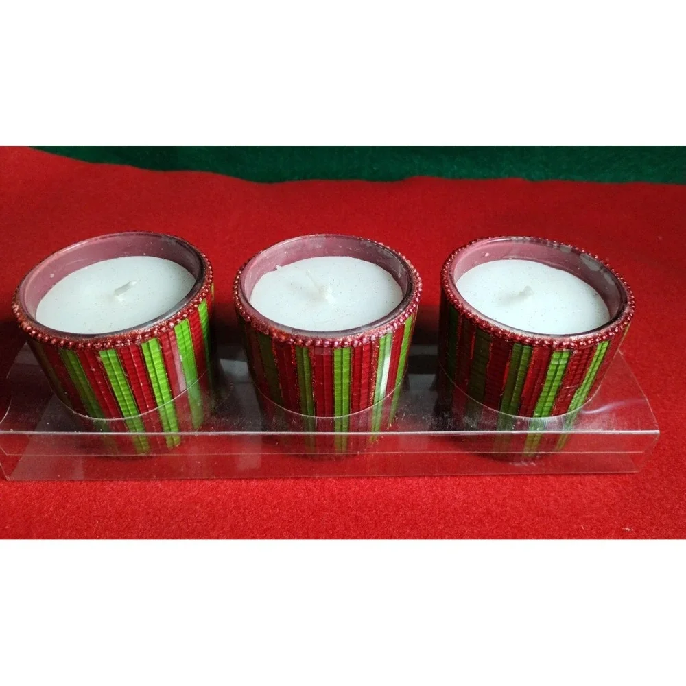 Pier 1 Imports Christmas Red & Green Mosaic Stripes Beaded Edge Votive Candles
